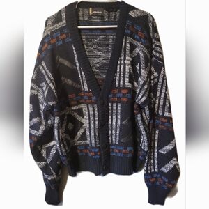 Vintage Justin Blake Mens Geometric Aztec Leather 80s Cardigan Grandpa Grunge